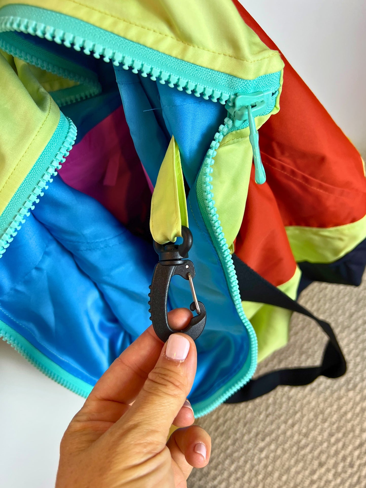 key hook inside multicolored large shoulder bag